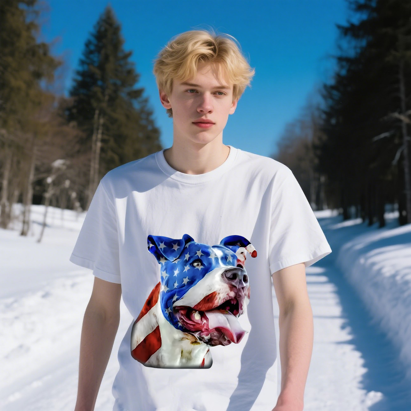 Dog With American Flag Colors T-Shirt, For 4th of July, Cotton, Short Sleeve, Crew Neck, Unisex For Men And Women