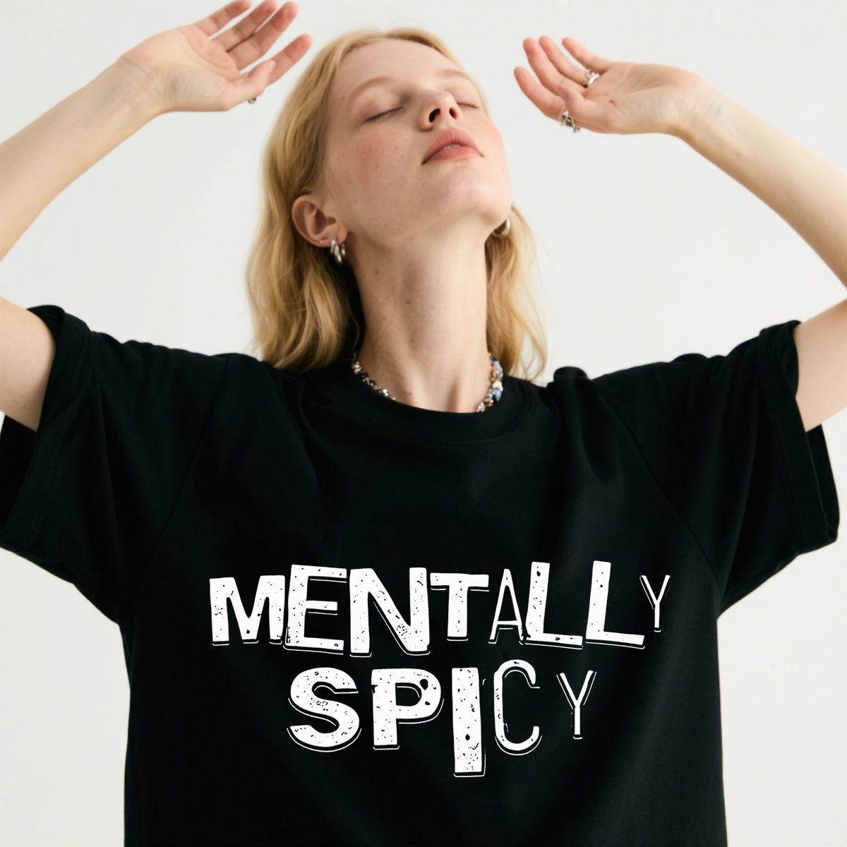 Mentally Spicy Skull Graphic T-Shirt, Edgy Punk Back Print Oversized Black Tee, Funny Sarcastic Gothic Gift for Her