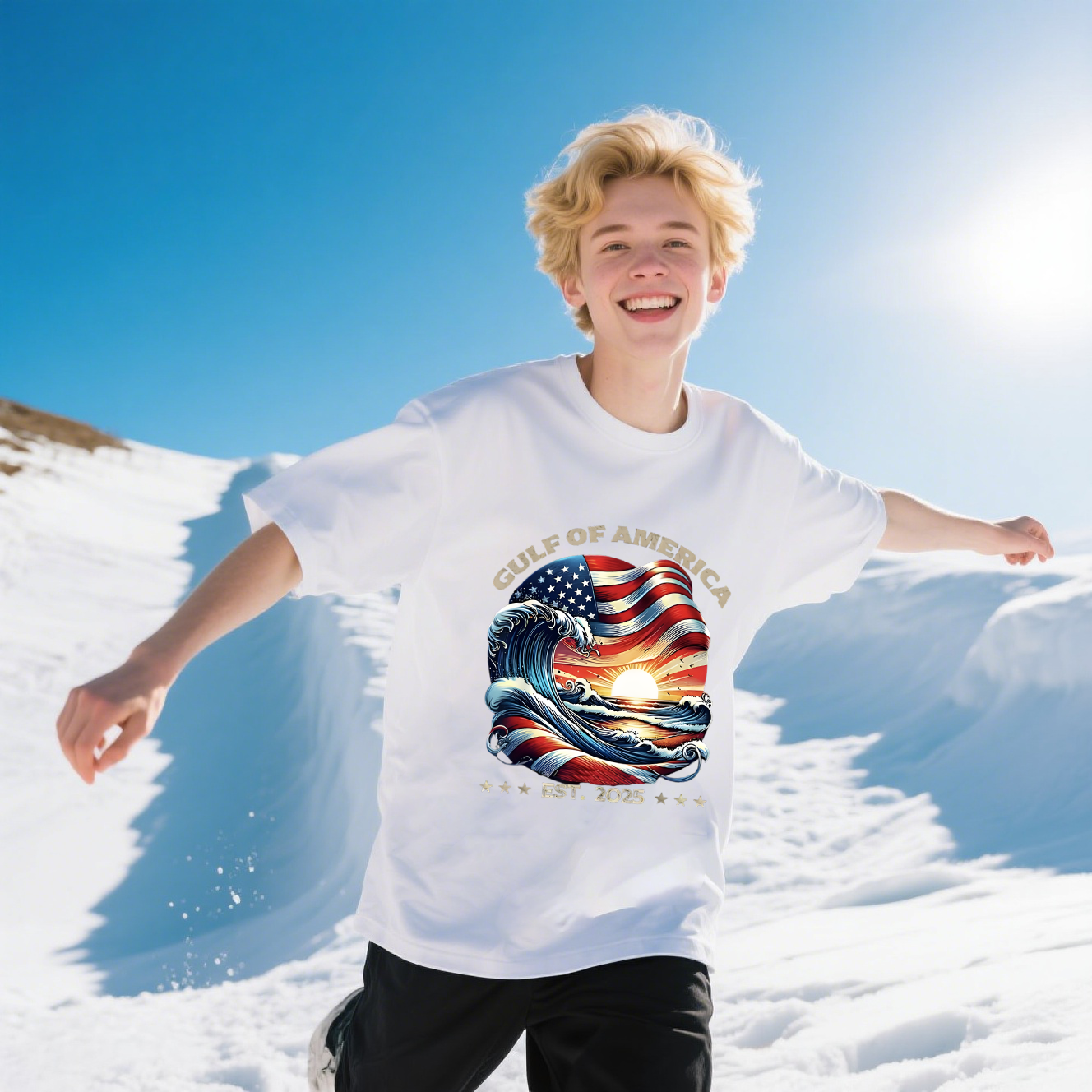 Gulf Of America Est.2025, Waves And Sun With America Flag T-Shirt, 100% Cotton, Short Sleeve, Crew Neck, Unisex For Men And Women
