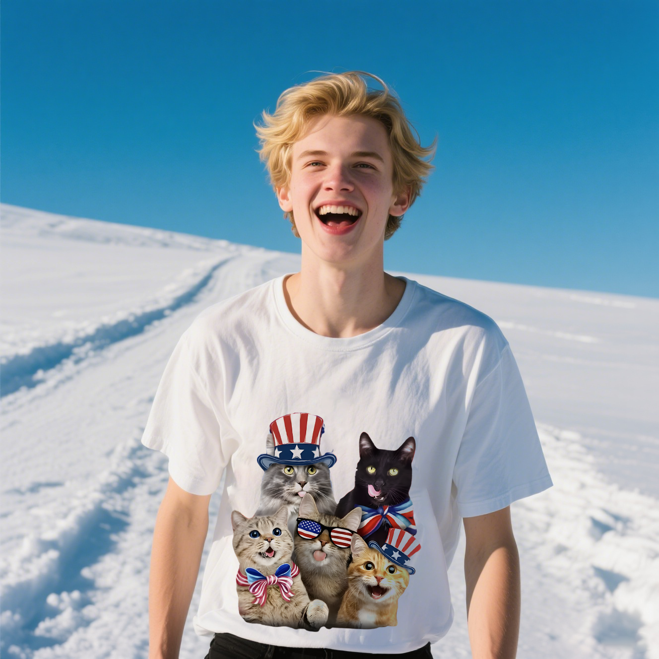 Cats With Decorations Of American Flag Color T-Shirt, For 4th of July, 100% Cotton, Short Sleeve, Crew Neck, Unisex For Men And Women