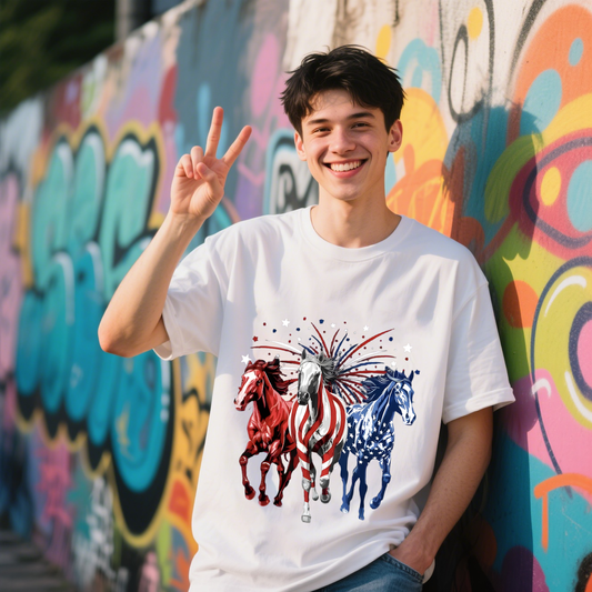 Horses And Fireworks With American Flag Colors T-Shirt, For 4th of July, 100% Cotton, Short Sleeve, Crew Neck, Unisex For Men And Women