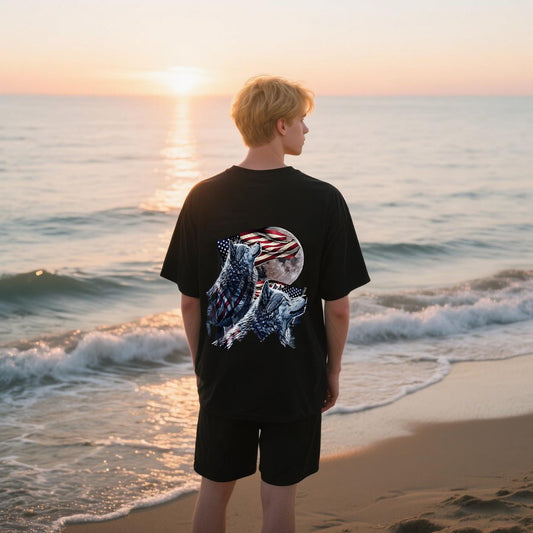 American Flag With Wolves And Moon T-Shirt, 100% Cotton, Short Sleeve, Crew Neck, Unisex For Men And Women