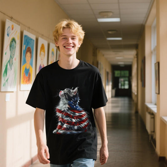 American Flag With Cat T-Shirt, For 4th of July Shirt, 100% Cotton, Short Sleeve, Crew Neck, Unisex For Men And Women
