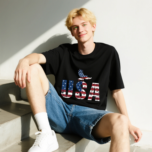 American Flag With A Bird T-Shirt, For 4th of July, Cotton, Short Sleeve, Crew Neck, Unisex For Men And Women