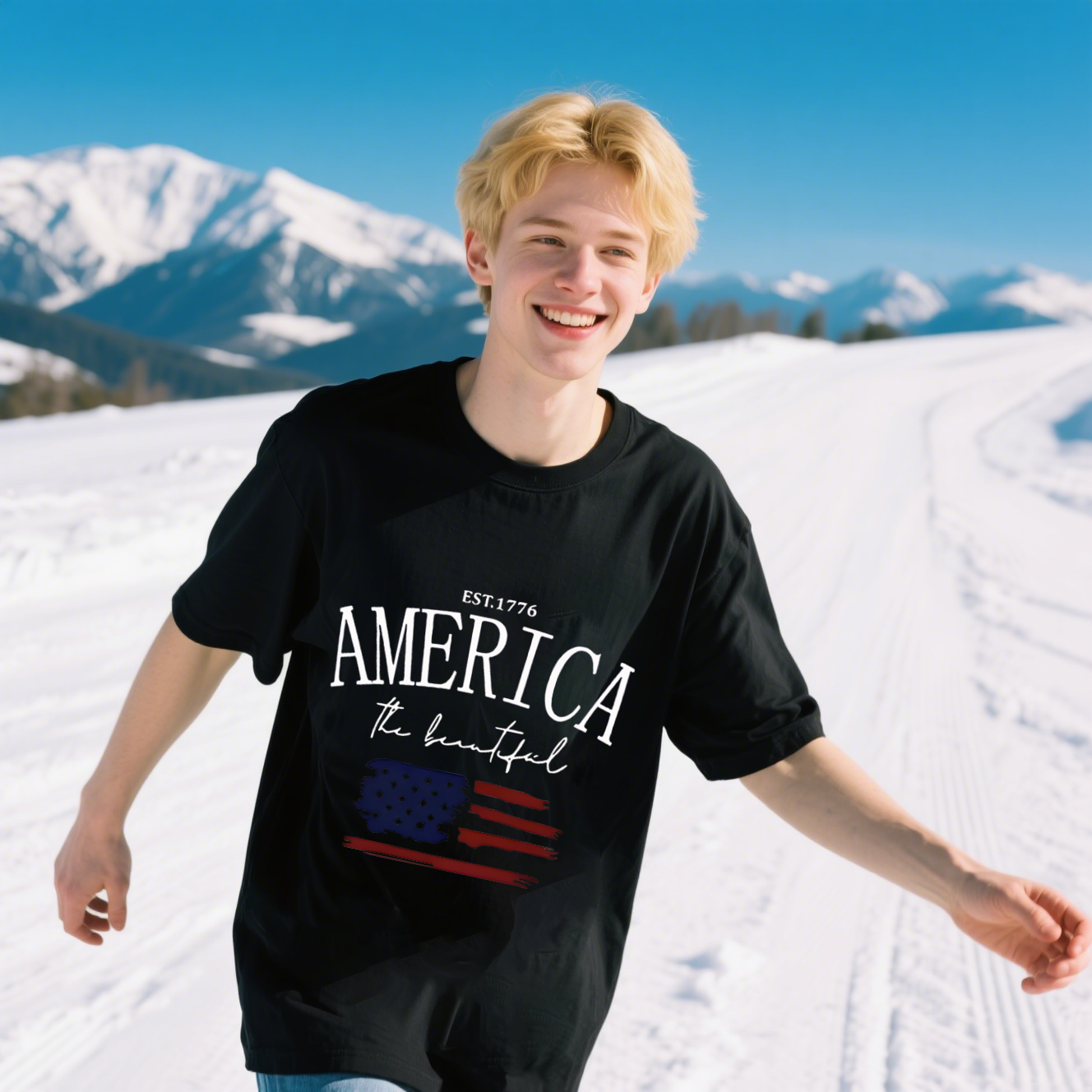 America Is Beautiful With American Flag T-Shirt, For 4th of July, Cotton, Short Sleeve, Crew Neck, Unisex For Men And Women