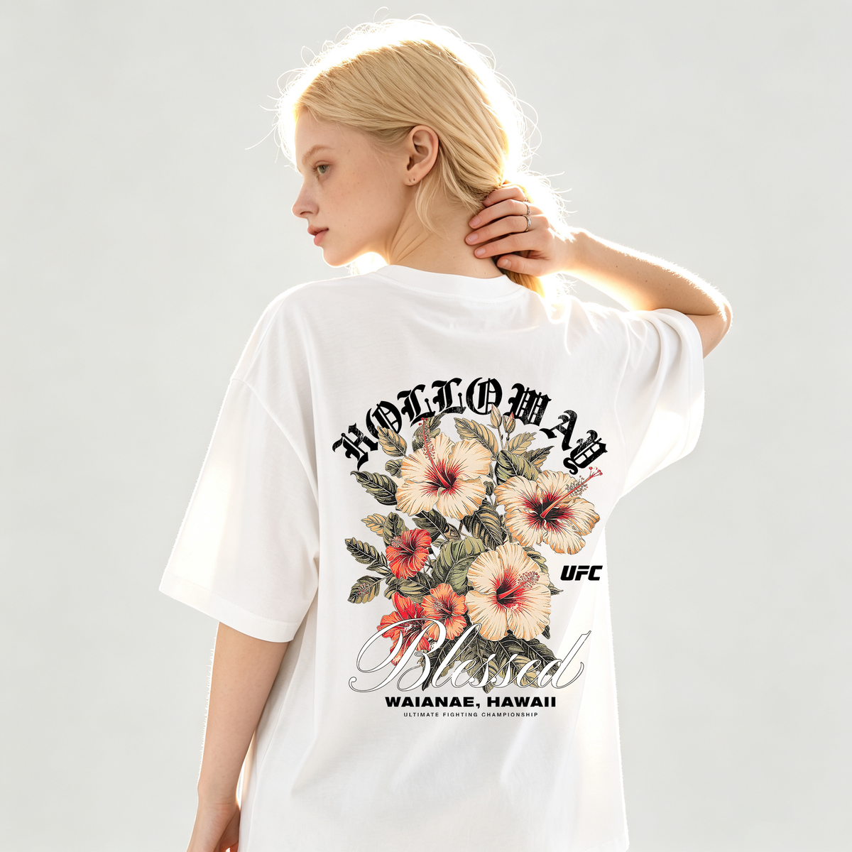Max Holloway UFC Graphic T-Shirt, Waianae Hawaii Hibiscus Back Print Unisex Oversized Tee, Blessed Fighter Casual MMA Fan Gift