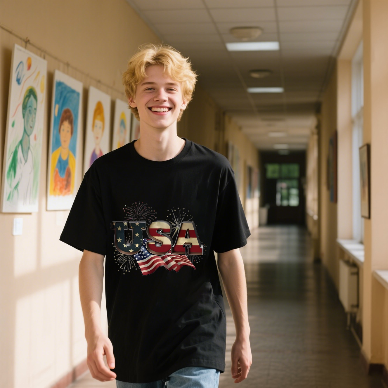 USA With American Flag And Fireworks T-Shirt, 100% Cotton, Short Sleeve, Crew Neck, Unisex For Men And Women