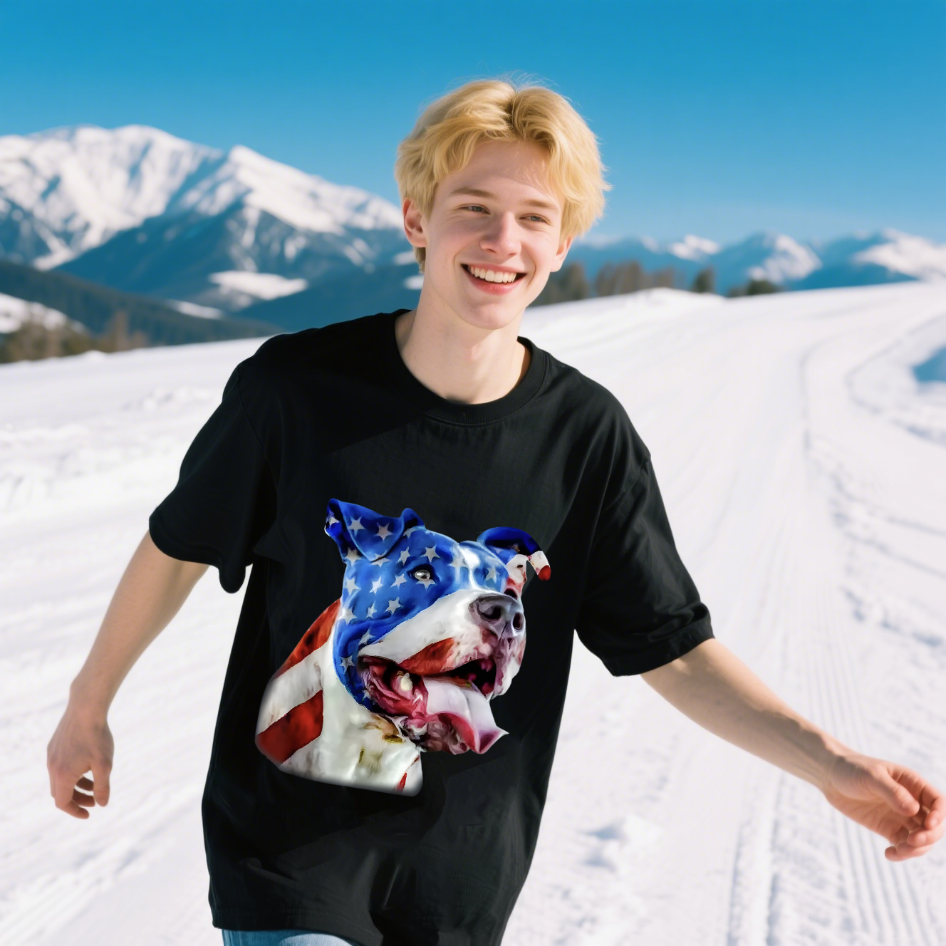 Dog With American Flag Colors T-Shirt, For 4th of July, Cotton, Short Sleeve, Crew Neck, Unisex For Men And Women