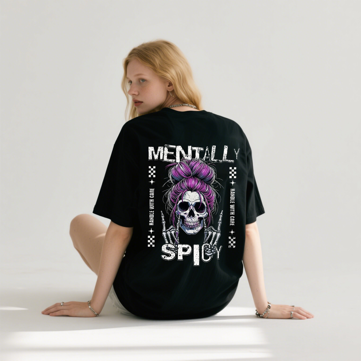 Mentally Spicy Skull Graphic T-Shirt, Edgy Punk Back Print Oversized Black Tee, Funny Sarcastic Gothic Gift for Her