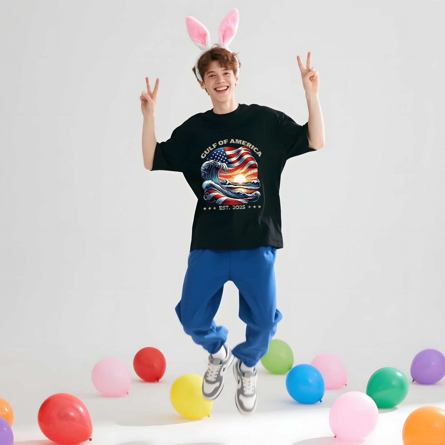 Gulf Of America Est.2025, Waves And Sun With America Flag T-Shirt, 100% Cotton, Short Sleeve, Crew Neck, Unisex For Men And Women