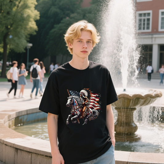 A Person On A White Horse With American Flag T-Shirt, 100% Cotton, Short Sleeve, Crew Neck, Unisex For Men And Women