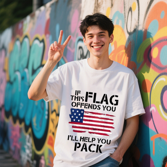 If This Flag Offends You I'll Help You Pack With American Flag T-Shirt, For 4th of July, 100% Cotton, Short Sleeve, Unisex For Men And Women