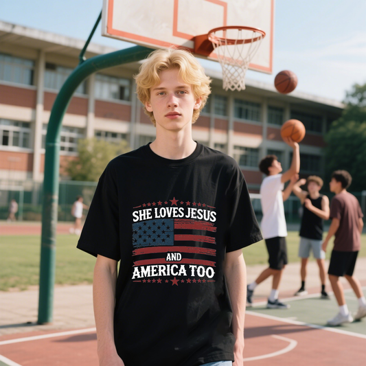 She Loves Jesus And America Too With American Flag T-Shirt, For 4th of July, Cotton, Short Sleeve, Crew Neck, Unisex For Men And Women