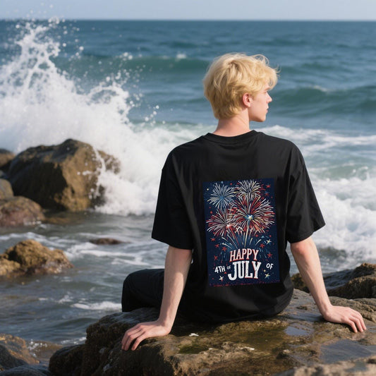 Happy 4th of July T-Shirt, Fireworks Celebration, 100% Cotton, Short Sleeve, Crew Neck, Unisex For Men And Women