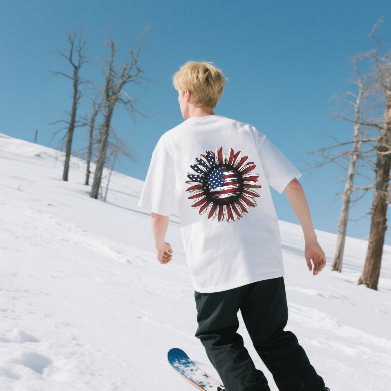 American Flag On A Sunflower T-Shirt, 100% Cotton, Short Sleeve, Crew Neck, Unisex For Men And Women