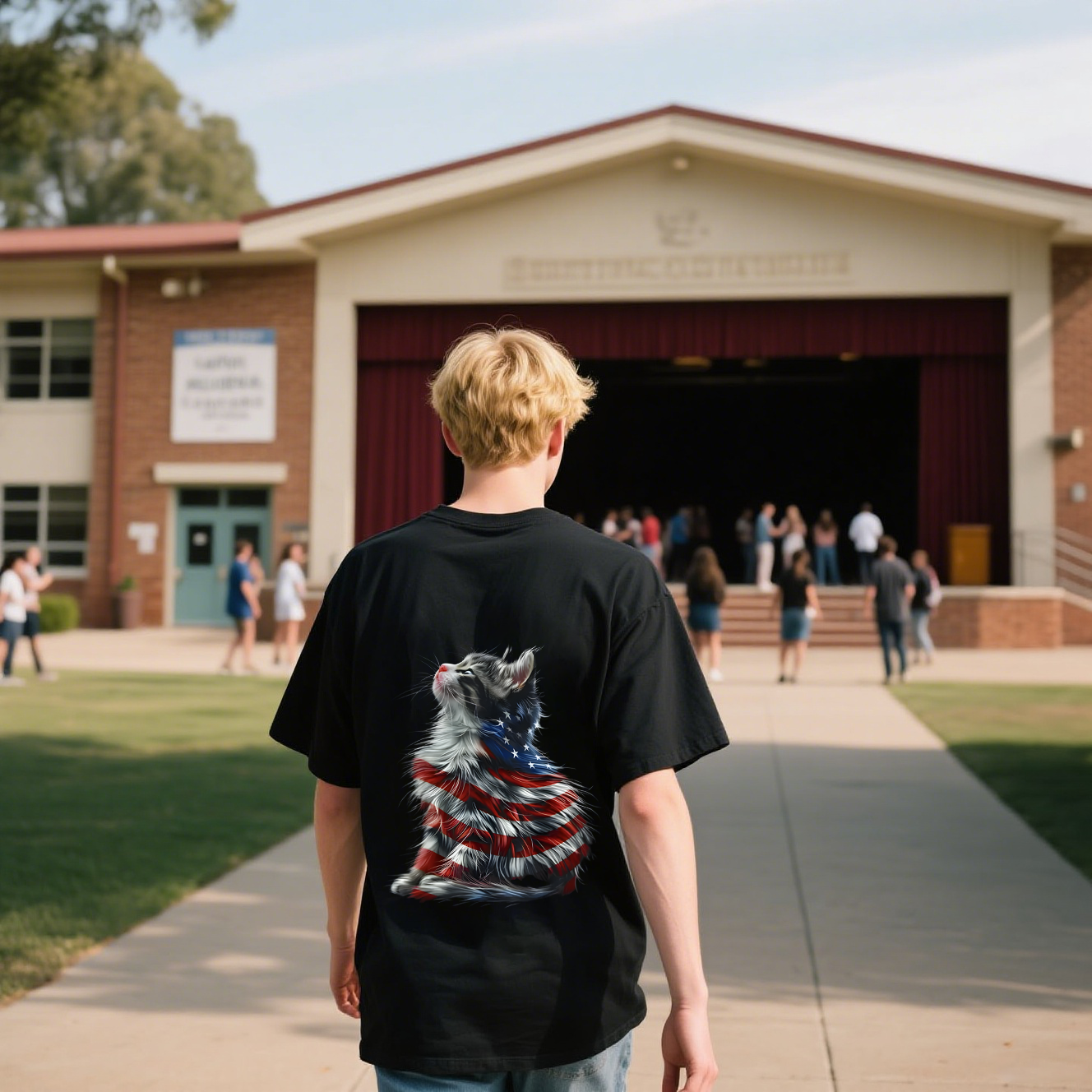 American Flag With Cat T-Shirt, For 4th of July Shirt, 100% Cotton, Short Sleeve, Crew Neck, Unisex For Men And Women