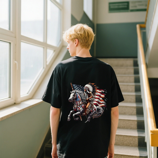 A Person On A White Horse With American Flag T-Shirt, 100% Cotton, Short Sleeve, Crew Neck, Unisex For Men And Women