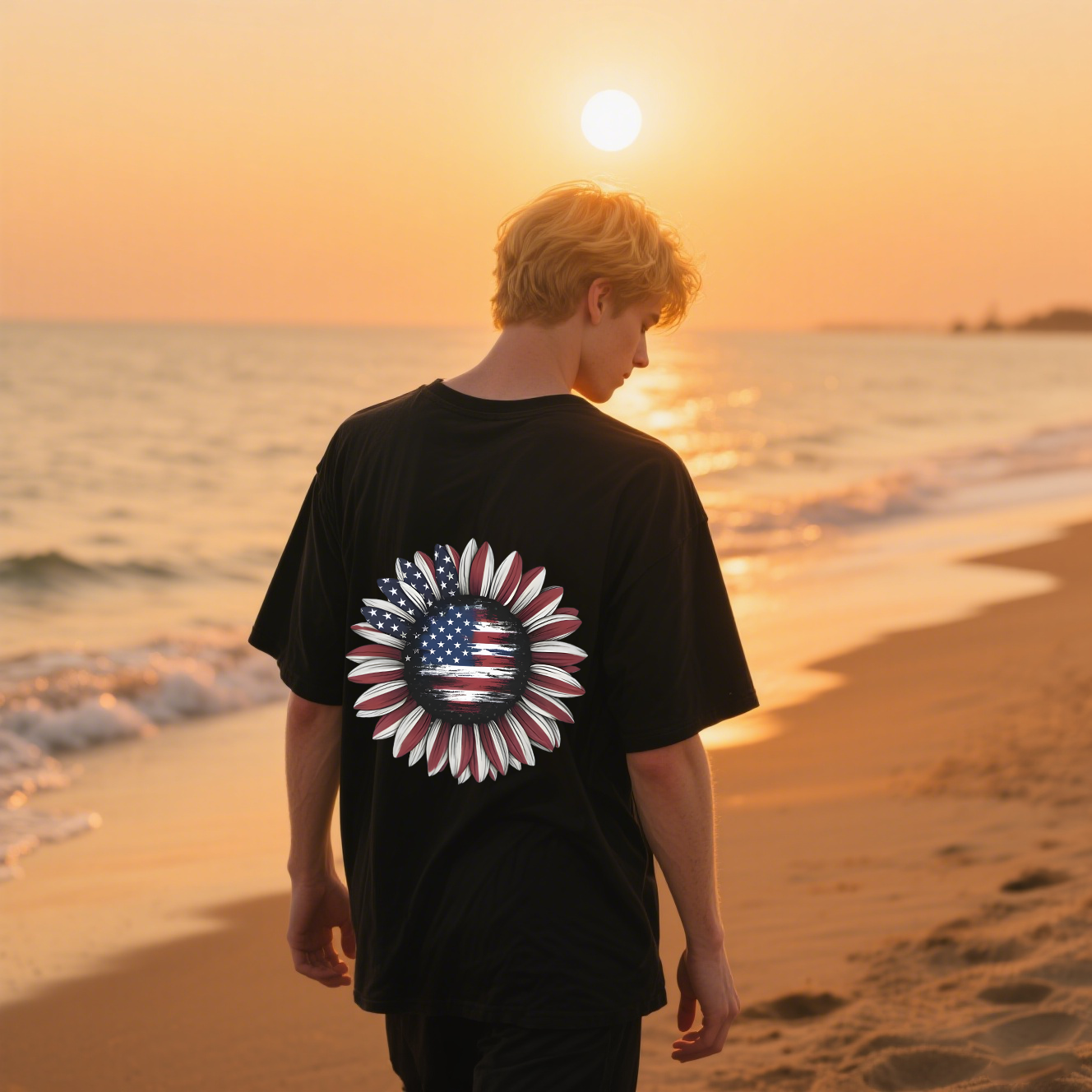 American Flag On A Sunflower T-Shirt, 100% Cotton, Short Sleeve, Crew Neck, Unisex For Men And Women