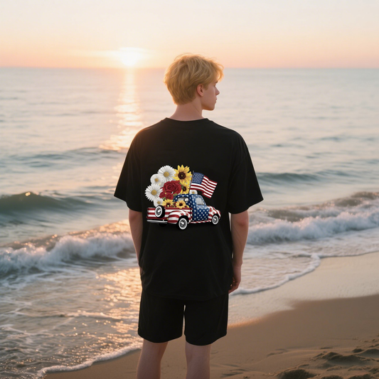 Flowers On Car With American Flag Colors T-Shirt, For 4th of July, Cotton, Short Sleeve, Crew Neck, Unisex For Men And Women