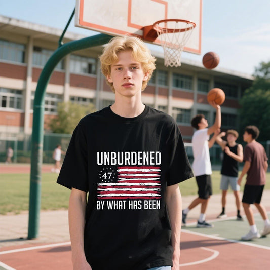 Unburdened By What Has Been With American FLag T-Shirt, For 4th of July, 100% Cotton, Short Sleeve, Crew Neck, Unisex For Men And Women