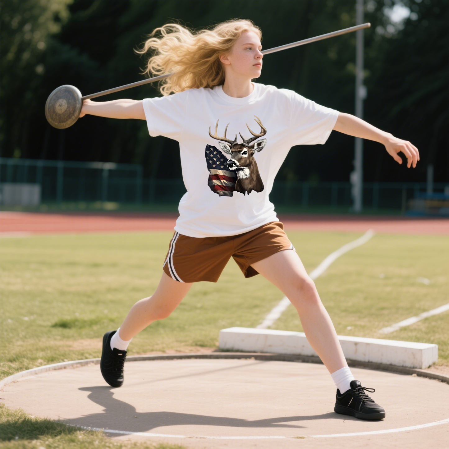 American Flag With Deer T-Shirt, 100% Cotton, Short Sleeve, Crew Neck, Unisex For Men And Women