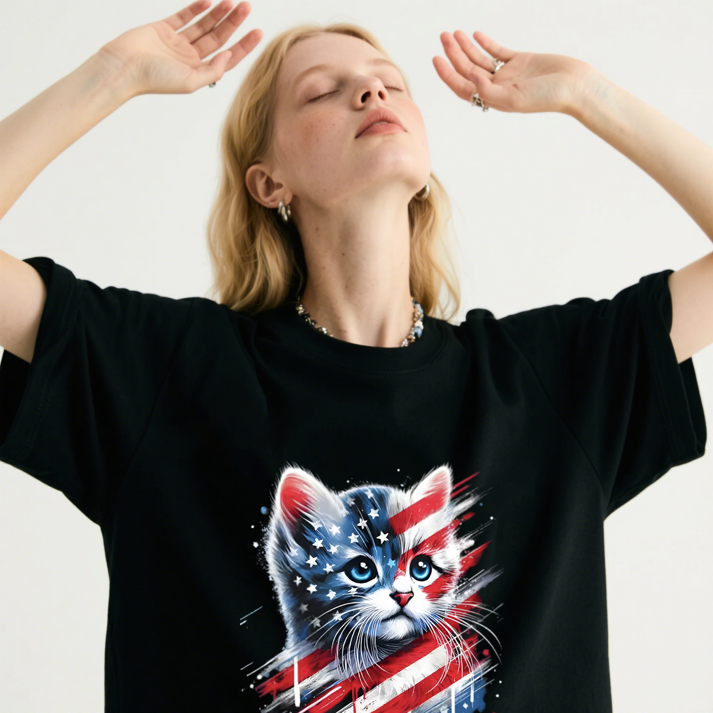 Cat With American Flag Colors T-Shirt, 100% Cotton, Short Sleeve, Crew Neck, Unisex For Men And Women