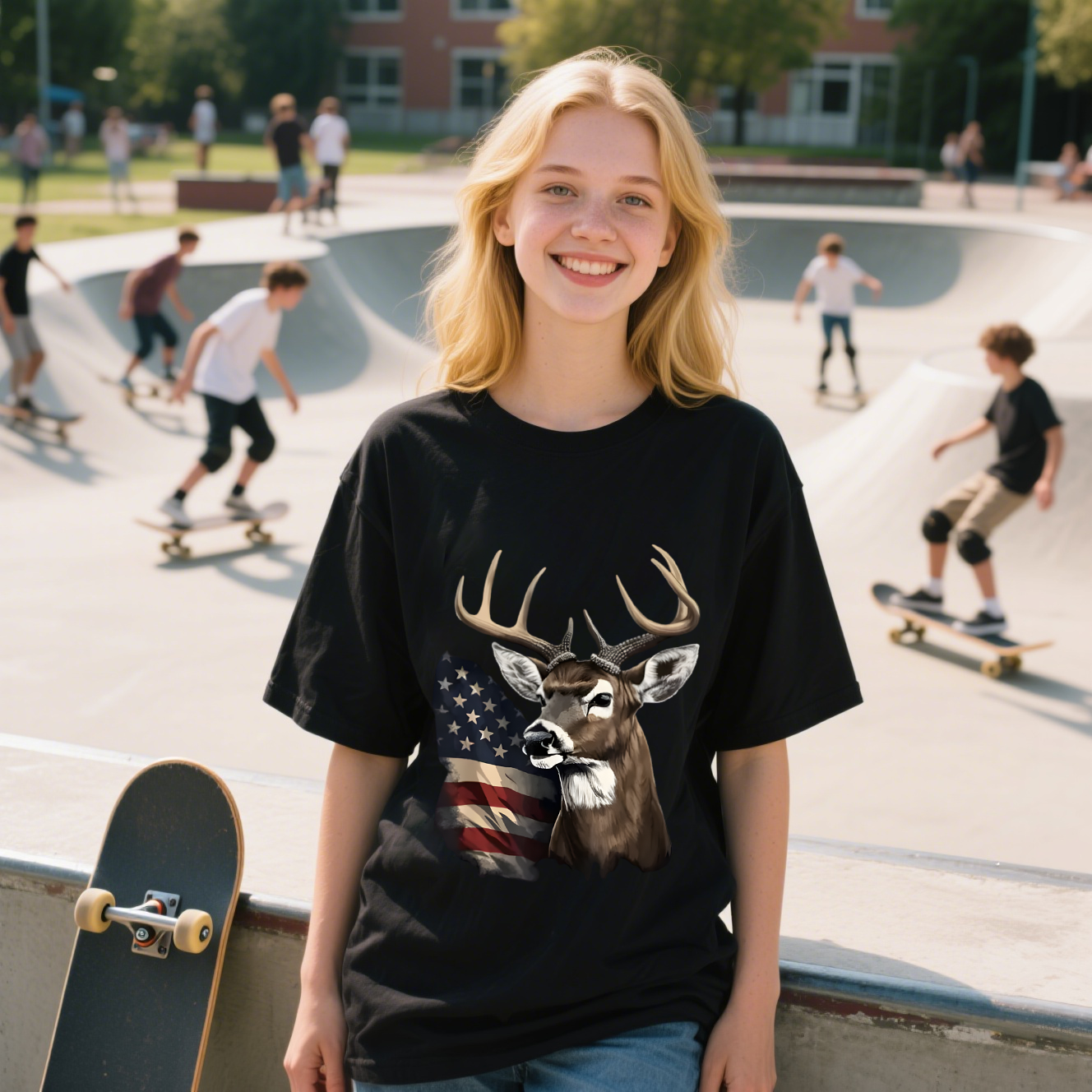 American Flag With Deer T-Shirt, 100% Cotton, Short Sleeve, Crew Neck, Unisex For Men And Women