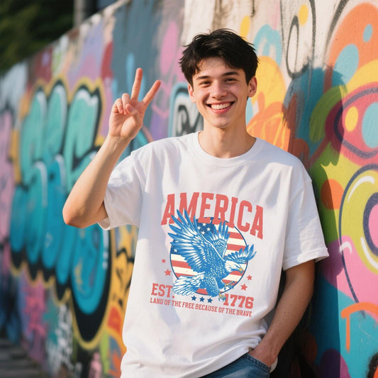 Land Of The Free Because Of The Brave T-Shirt, American Flag And Eagle Shirt, 100% Cotton, Short Sleeve, Crew Neck, Unisex For Men And Women