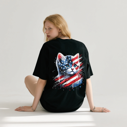 Cat With American Flag Colors T-Shirt, 100% Cotton, Short Sleeve, Crew Neck, Unisex For Men And Women
