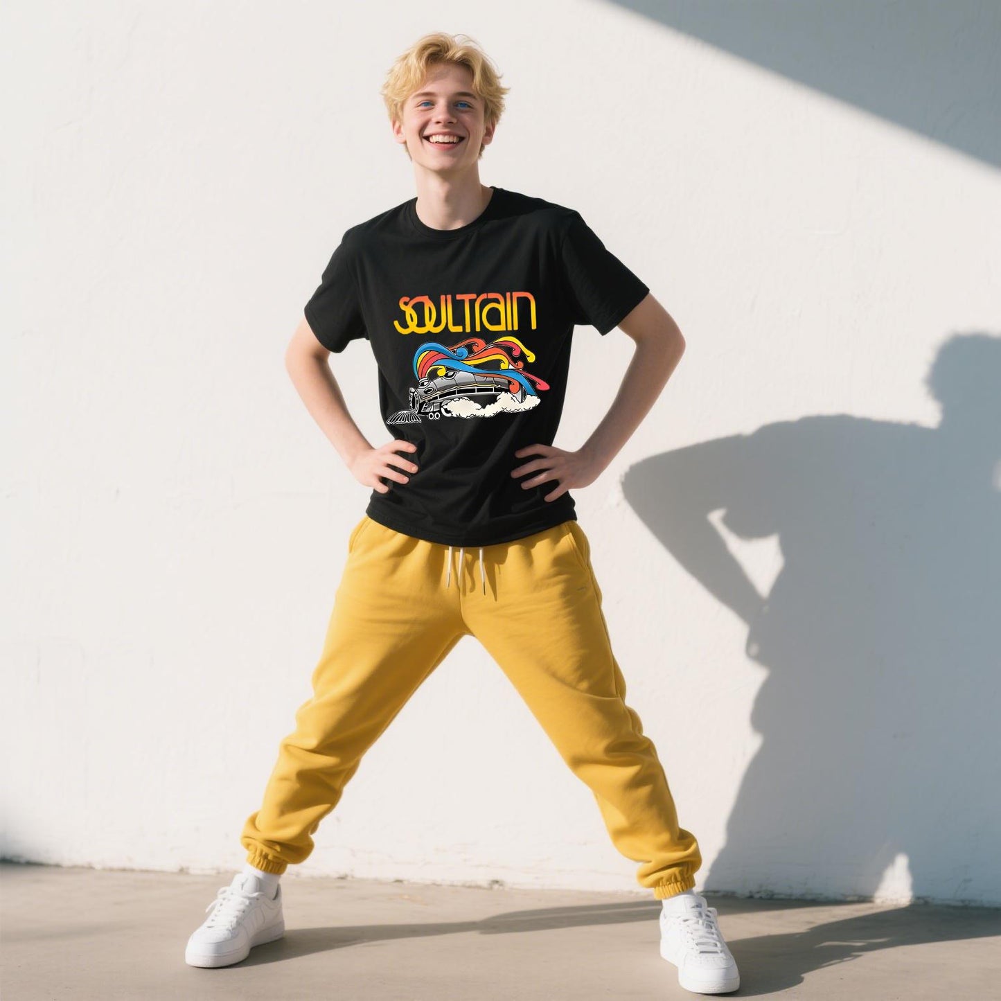 Vibrant Unisex Fashion T-Shirt, "Soul Train" Graphic, Stretchy Polyester Blend, Round Neck Short Sleeve, Colorful & Comfortable Casual Wear