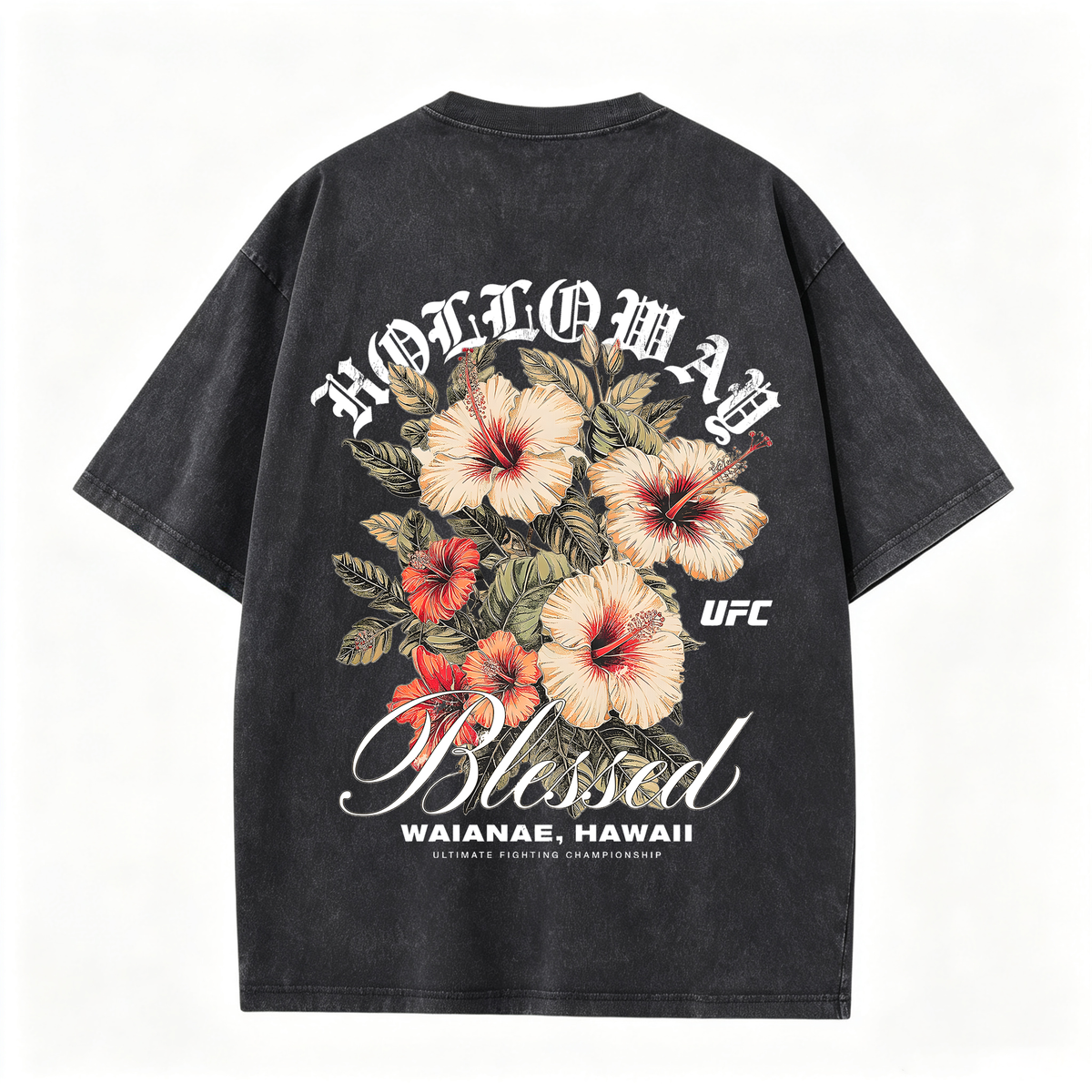 Max Holloway UFC Graphic T-Shirt, Waianae Hawaii Hibiscus Back Print Unisex Oversized Tee, Blessed Fighter Casual MMA Fan Gift