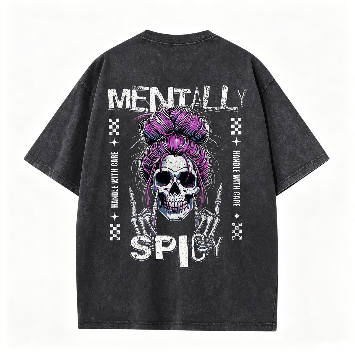 Mentally Spicy Skull Graphic T-Shirt, Edgy Punk Back Print Oversized Black Tee, Funny Sarcastic Gothic Gift for Her