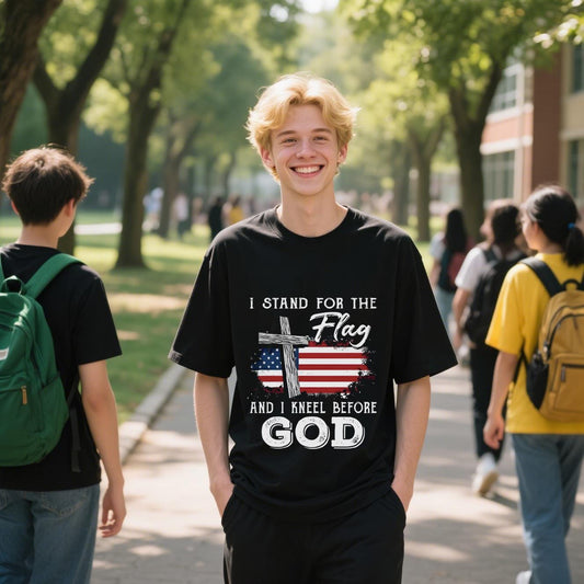 I Stand For The FLag And I Kneel Before God T-Shirt, For 4th of July Shirt, 100% Cotton, Short Sleeve, Crew Neck, Unisex For Men And Women